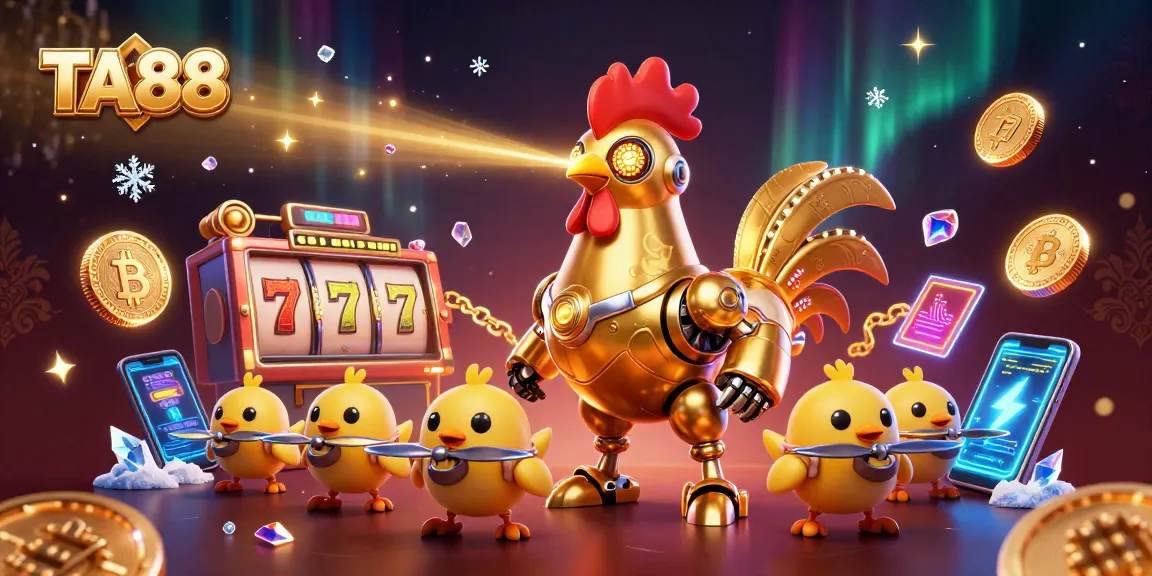 Engage with TA88 casino action featuring a futuristic rooster robot and neon game elements.