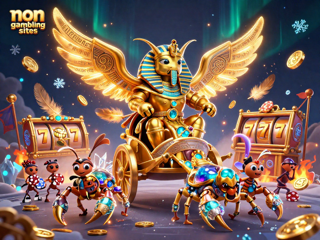 Engage with non uk gambling sites featuring an animated golden scarab beetle alongside vibrant casino elements.