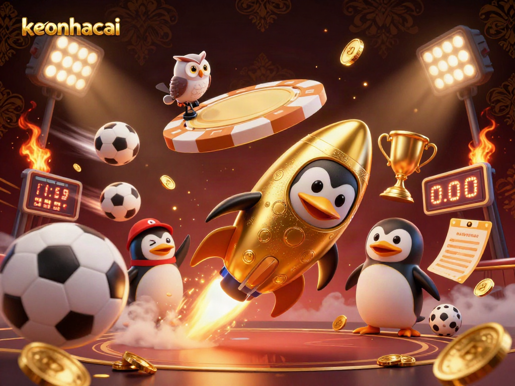 Bet on keonhacai with a dynamic scene featuring a golden penguin racing towards a casino space station.