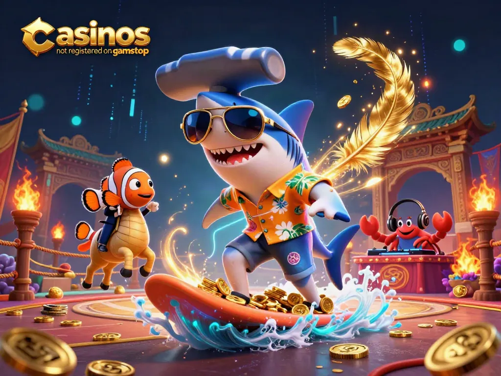 Surf thrilling games at casinos not registered on gamstop with colorful themed characters in a dynamic setting.