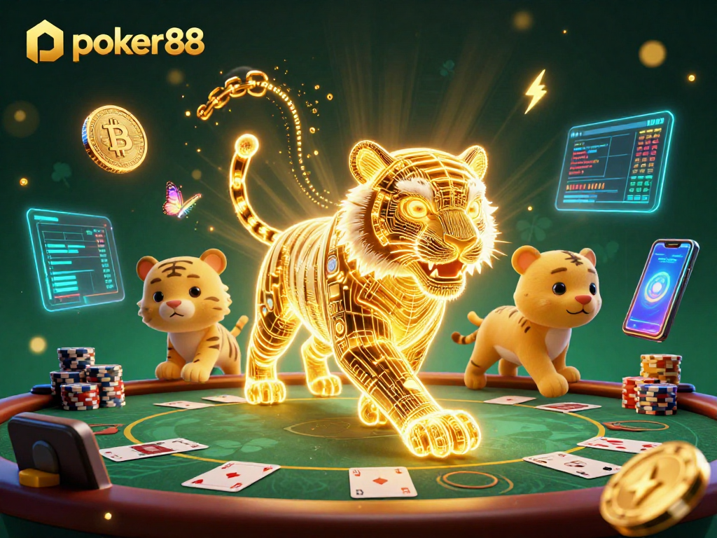 Rasakan sensasi permainan kartu di poker88 dengan ilustrasi harimau emas neon dan elemen poker mengelilinginya.