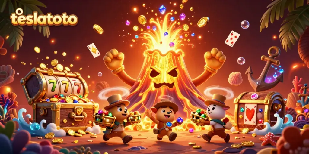 Experience winning strategies at teslatoto with golden eruptions of treasure in this vibrant illustration.