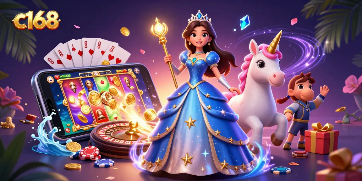 C168 showcases magical casino excitement with a stunning woman in elegant attire amidst a lively gaming scene.