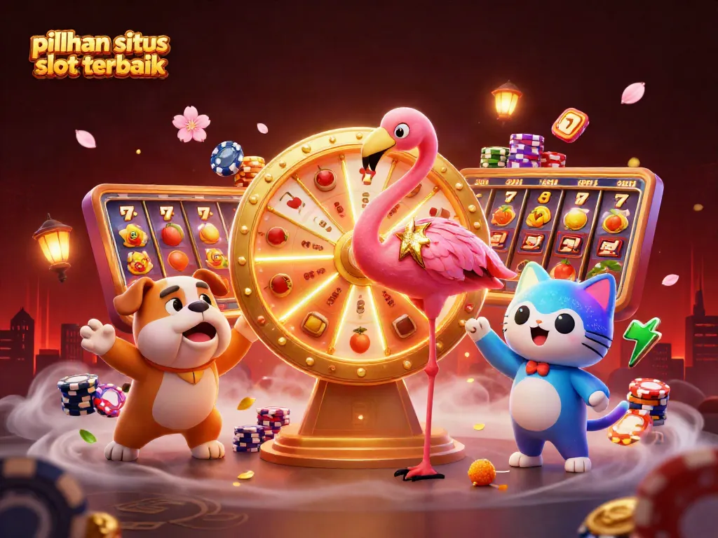 Menggambarkan pilihan situs slot terbaik dengan karakter kartun bersemangat dalam suasana kasino yang meriah.