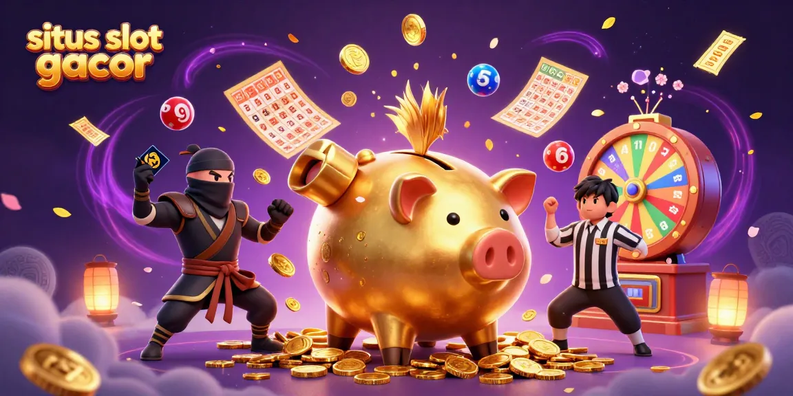Permainan menarik situs slot gacor dengan keberuntungan piggy bank emas besar dan ninja terlihat dinamis.