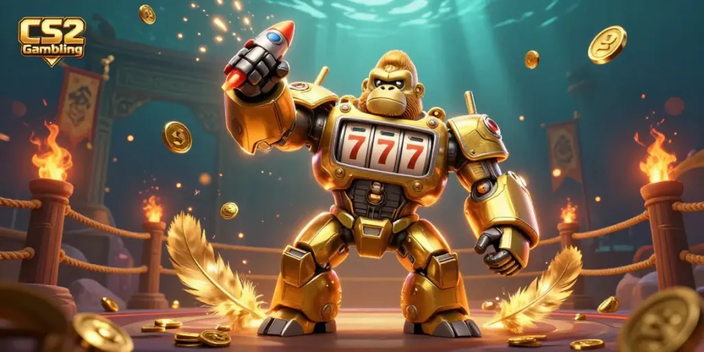 Experience CS2 Gambling excitement with a dynamic illustration of a golden gorilla mech, spinning reels, and explosive coins.