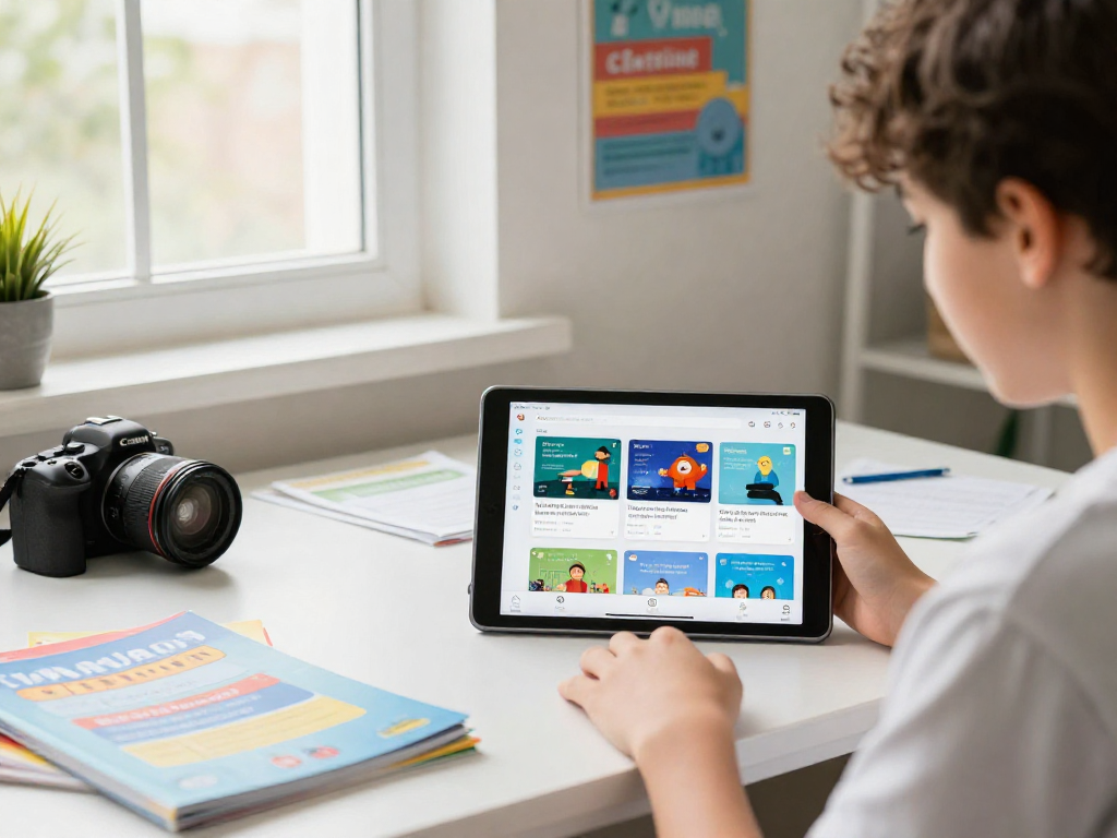Pag-download ng mga educational apps sa bd188 sa maliwanag at masayang study area.