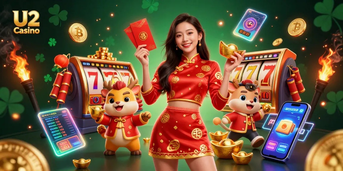 Experience the excitement of U2 Casino with vibrant slot reels and festive characters in a rich 3D illustration.