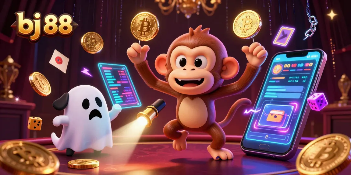 Engage with bj 88's dynamic casino energy through a thrilling illustration of a mischievous poltergeist monkey and a ghost-hunter puppy.