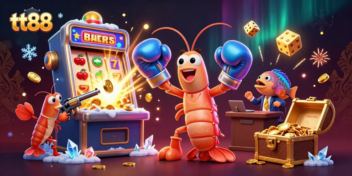 Experience thrilling wins at tt88 with vibrant illustrations of slot games and energetic underwater characters.