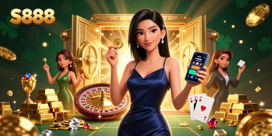 S888 offers exhilarating gameplay with stunning visuals and captivating casino elements in a vibrant digital illustration.