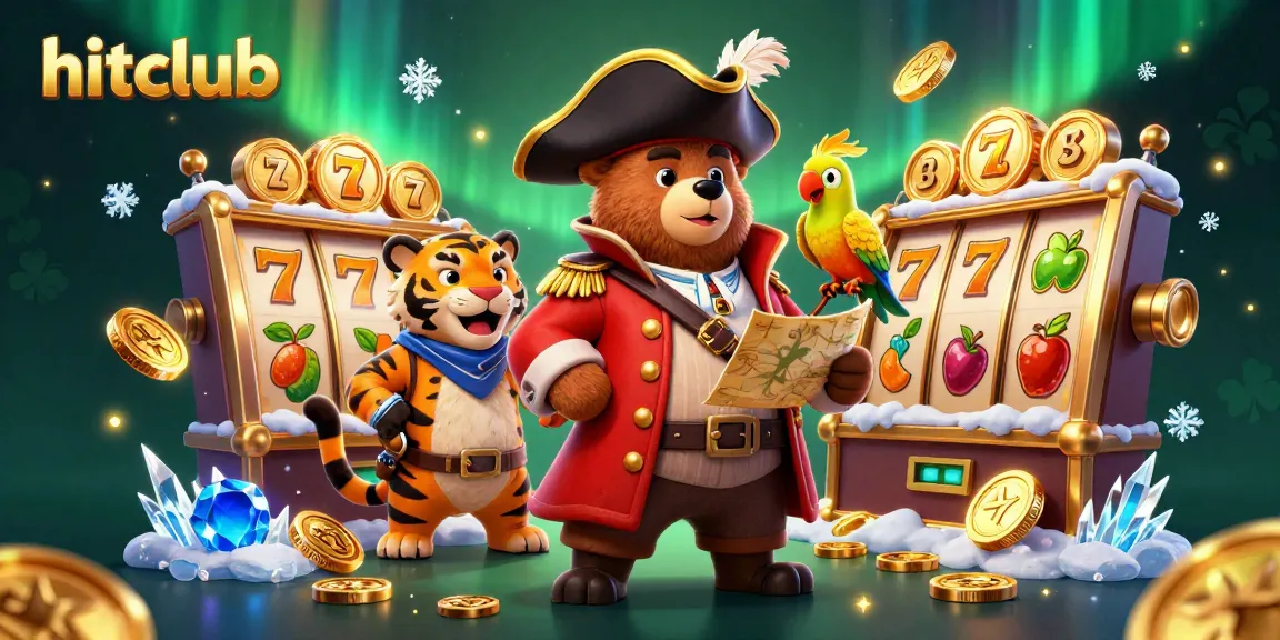 Hitclub showcases a vivid casino scene with a pirate captain bear, tiger first mate, and colorful slot machines.