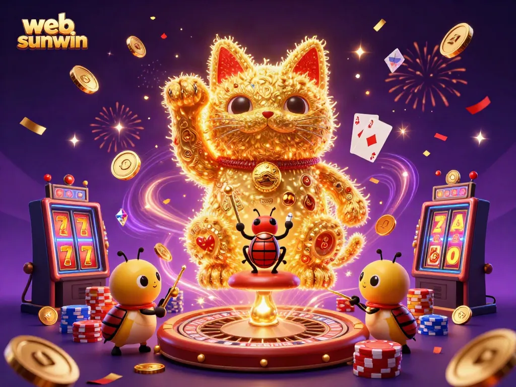Join the excitement with web sunwin's dynamic golden fireflies and casino elements in a vibrant 3D illustration.