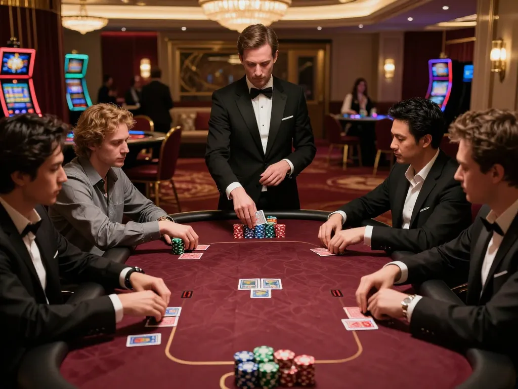Casinosscope strategy moment during a high-stakes poker game in a luxurious casino atmosphere, players engaged with chips stacked.