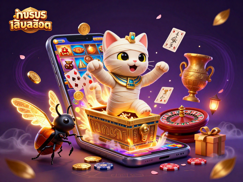 Engage in ทดลองเล่นสล็อต with a dynamic scene of a mummy cat in a pyramid casino, capturing the essence of playful gaming.