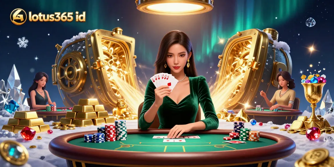 Engage with lotus365 id at a luxury poker table filled with treasures and 3D effects.