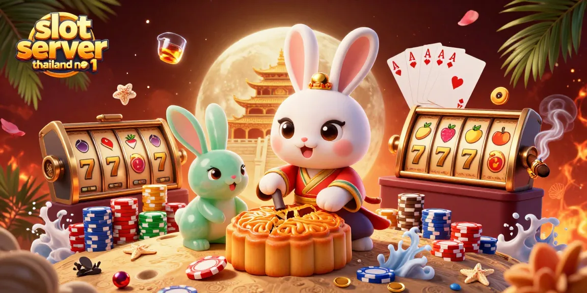 Engaging scene with slot server thailand no 1, showcasing a moon rabbit in a vibrant casino setting with poker chips and slot machines.