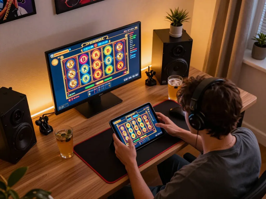 Player enjoying online gaming at nhà cái cm88 with vibrant slot graphics and cozy home atmosphere