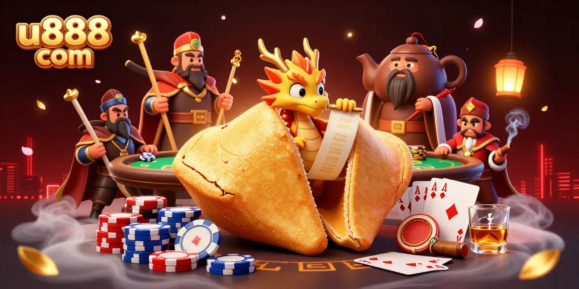Engage in the excitement of u888 com with a vibrant 3D illustration showcasing poker elements and a whimsical dragon.