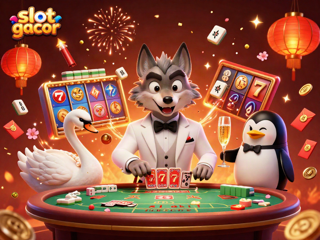 Engaging slot gacor scene featuring a debonair wolf, elegant swan, and penguin serving champagne amidst dynamic slot elements.