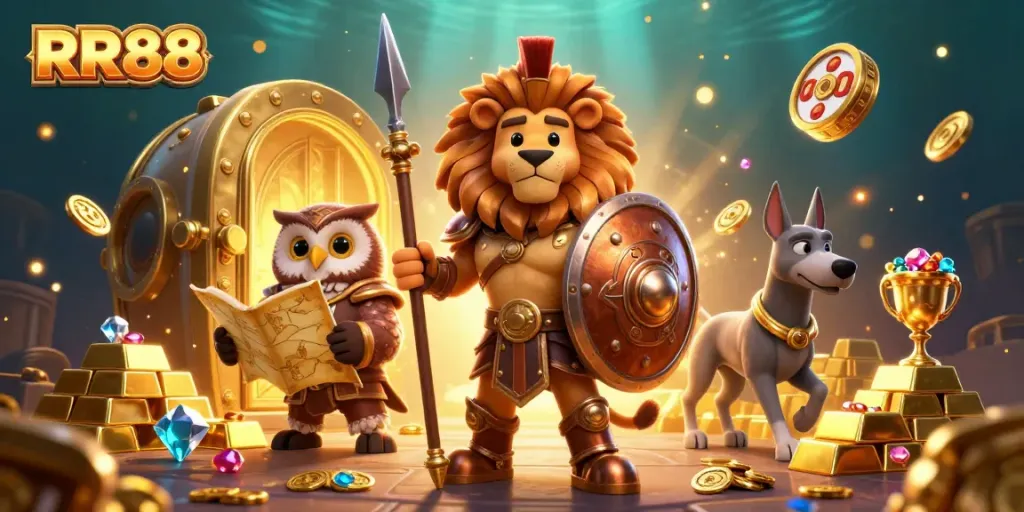 Experience thrilling gameplay with RR88 as the Spartan lion guards treasures amidst a vibrant casino scene.