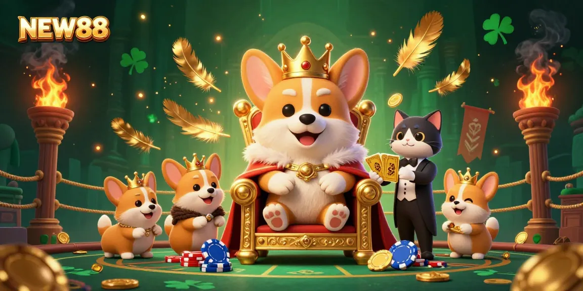 Join the fun at NEW88 with a royal corgi king surrounded by vibrant casino elements.