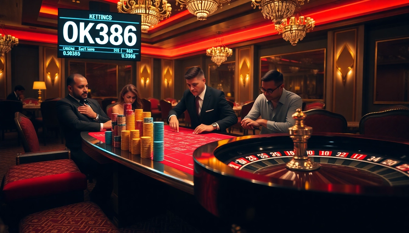 Experience high-stakes gambling at an elegant casino featuring poker chips and betting odds labeled OK8386.
