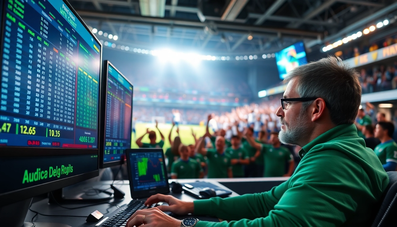 Engaging online Betting scene with a bettor analyzing odds amidst an exciting sports atmosphere.