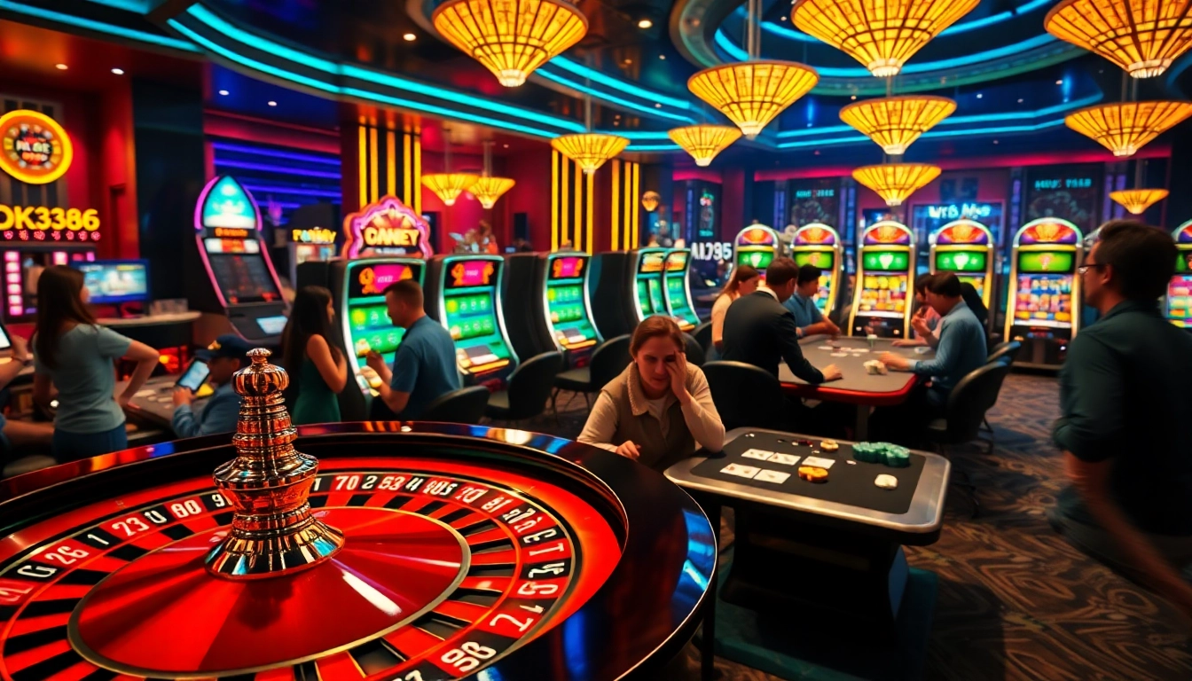 Excited players at a luxurious casino featuring a poker table and roulette wheel, related to OK8386.