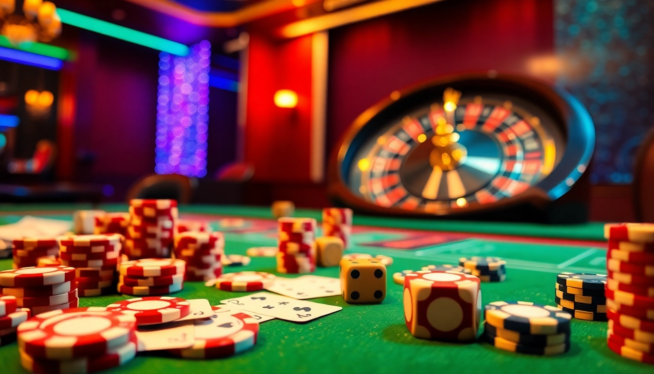 Experience the thrill of winning at https://mm88.sa.com/ with vibrant poker chips and a spinning roulette wheel.