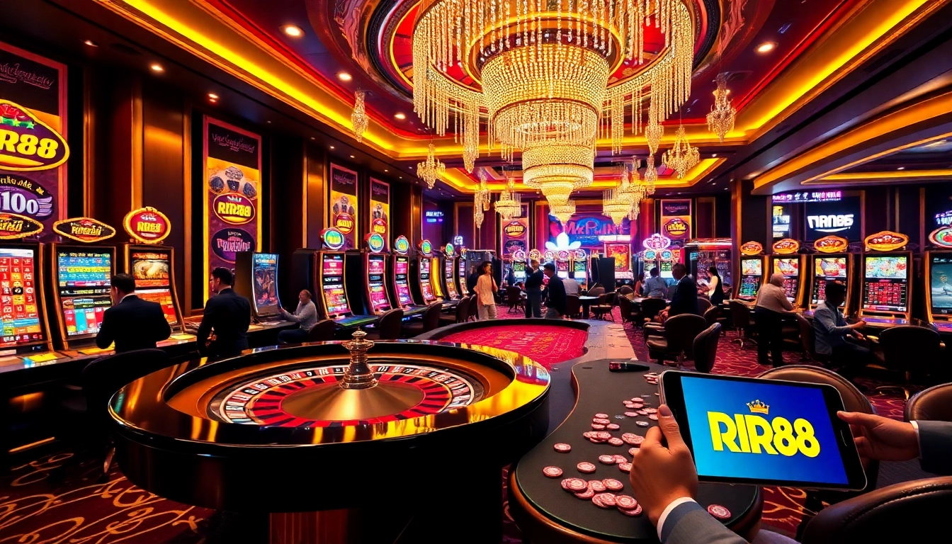 Joueurs RR88 profitant d'une ambiance de casino palpitante avec roulette et machines à sous.