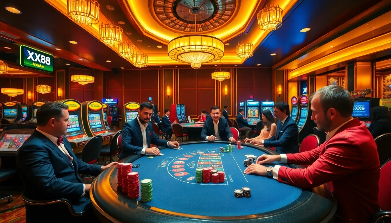Gambler winning at a poker table in a luxurious setting at XX88 casino.