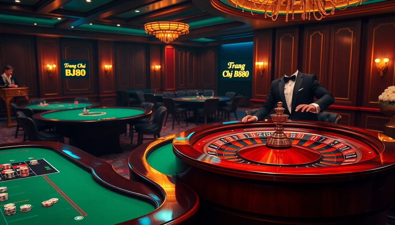 Experience the thrill of Trang Chủ BJ88 with vibrant casino tables, chips, and a roulette wheel.