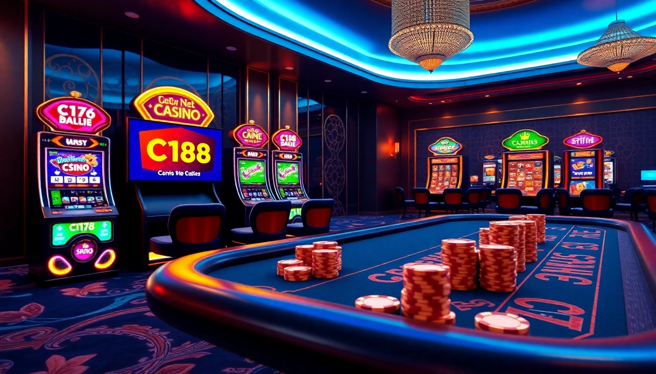 C168 online casino experience with vibrant slot machines and virtual poker tables.