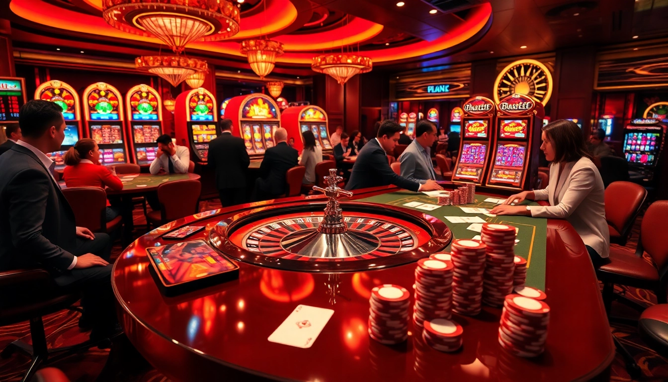 Experience thrilling gameplay at birutoto in a luxurious casino setting with a roulette wheel, poker chips, and engaging players.