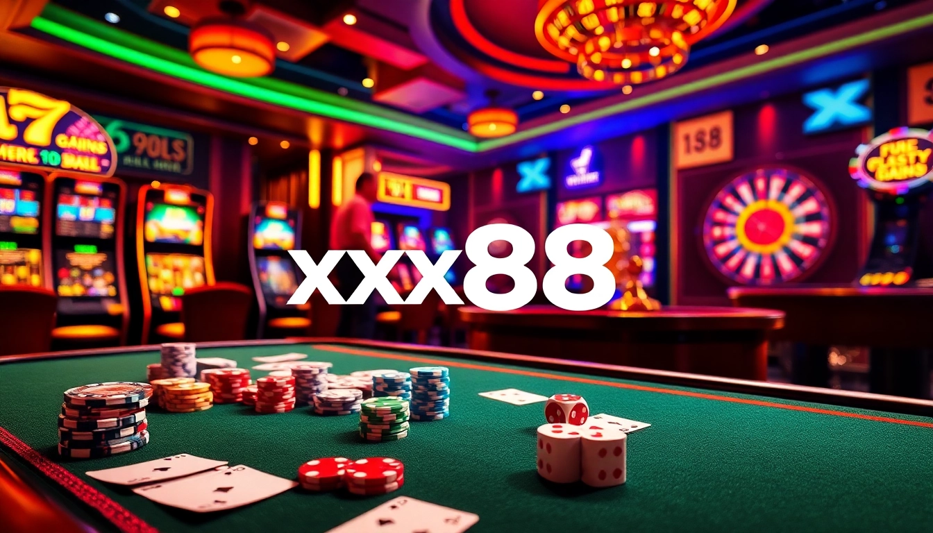 Experience premium gaming at xx88 with poker chips and a lively roulette table in a luxurious casino setting.