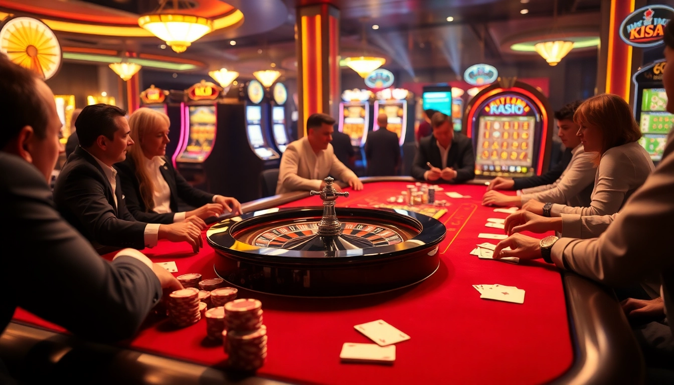 KJC casino players enjoying a luxurious poker game with vibrant roulette wheel and polished chips.