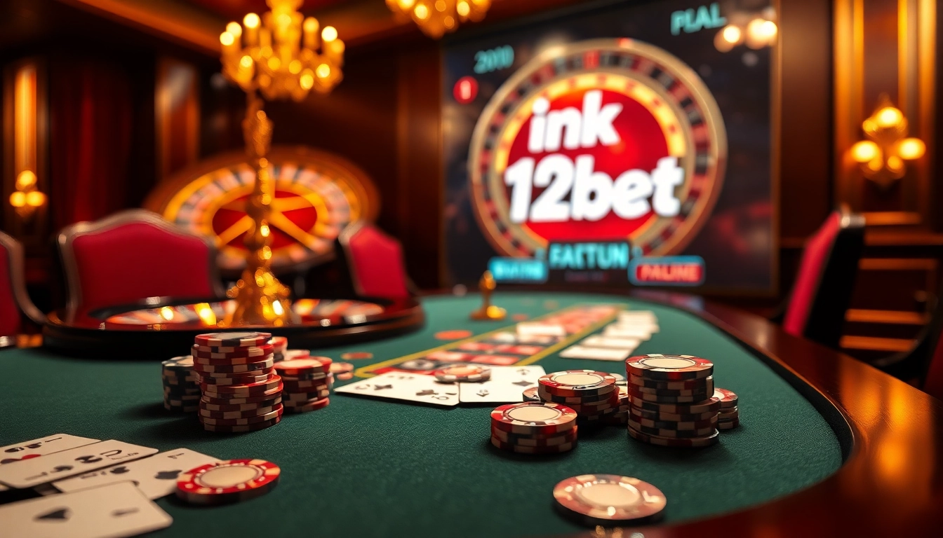 Experience the thrill of “ink vao 12bet” in an elegant casino scene featuring luxurious poker tables and vibrant gaming elements.