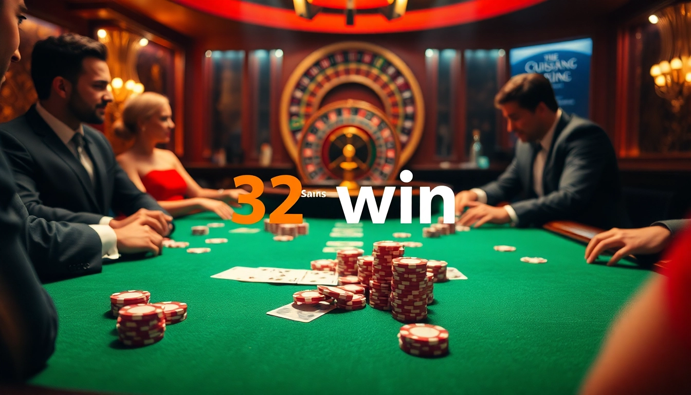 Engage with a vibrant poker game at 32win, featuring luxurious stakes and exciting casino elements.