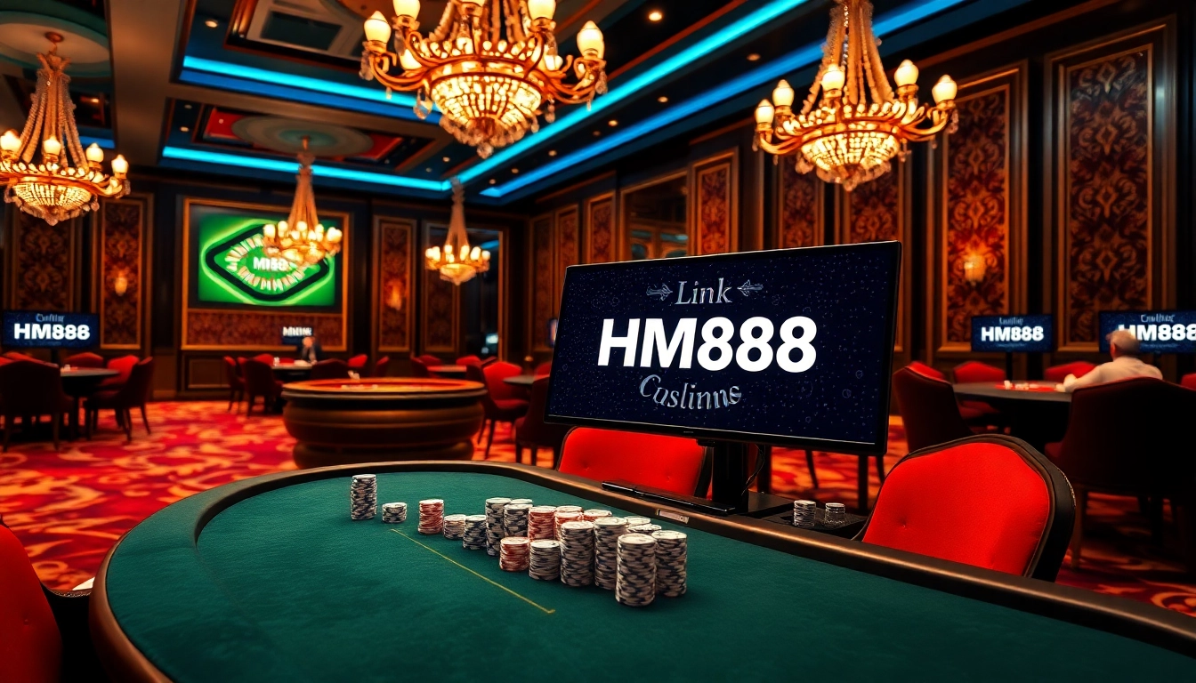 Engage in gaming excitement at Link MM88 with vibrant casino visuals, including tables and chips.