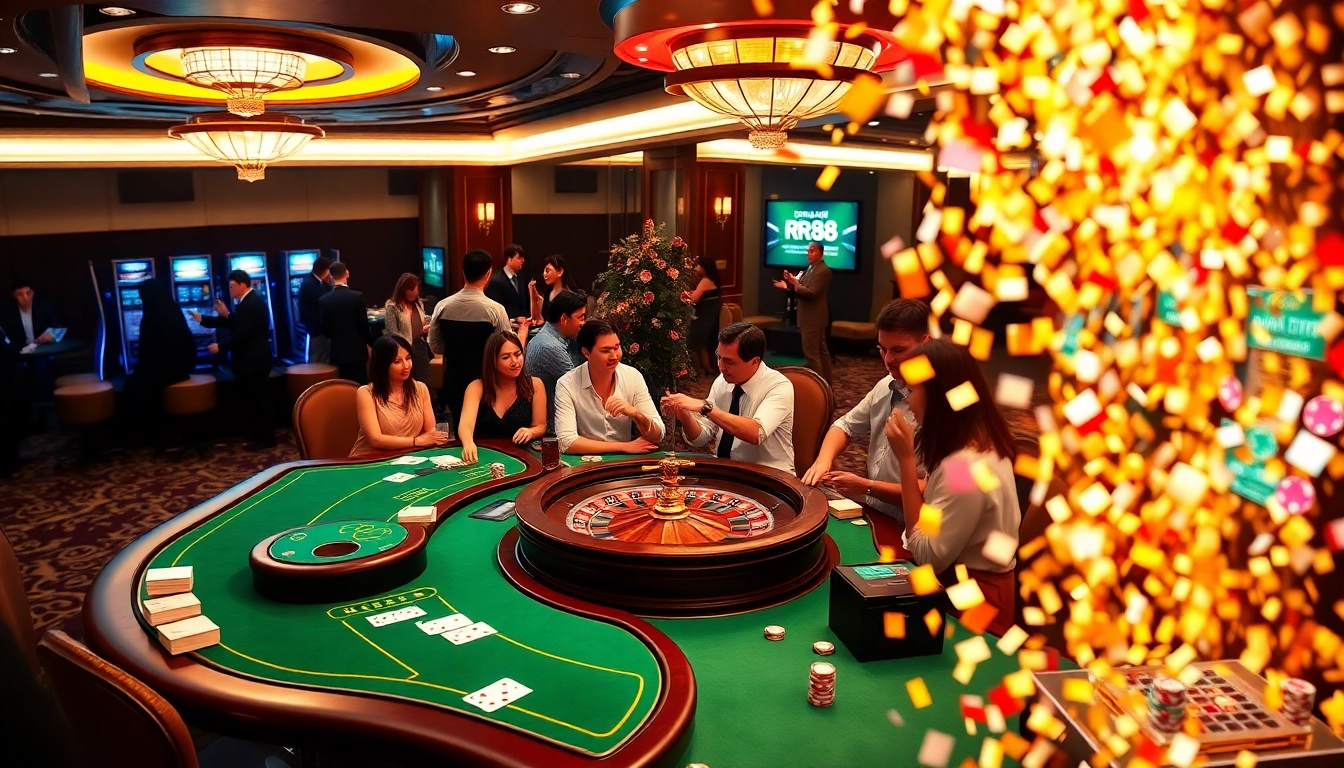 Players enjoy an exciting game night at RR88 casino, showcasing luxury gaming tables and vibrant slot machines.