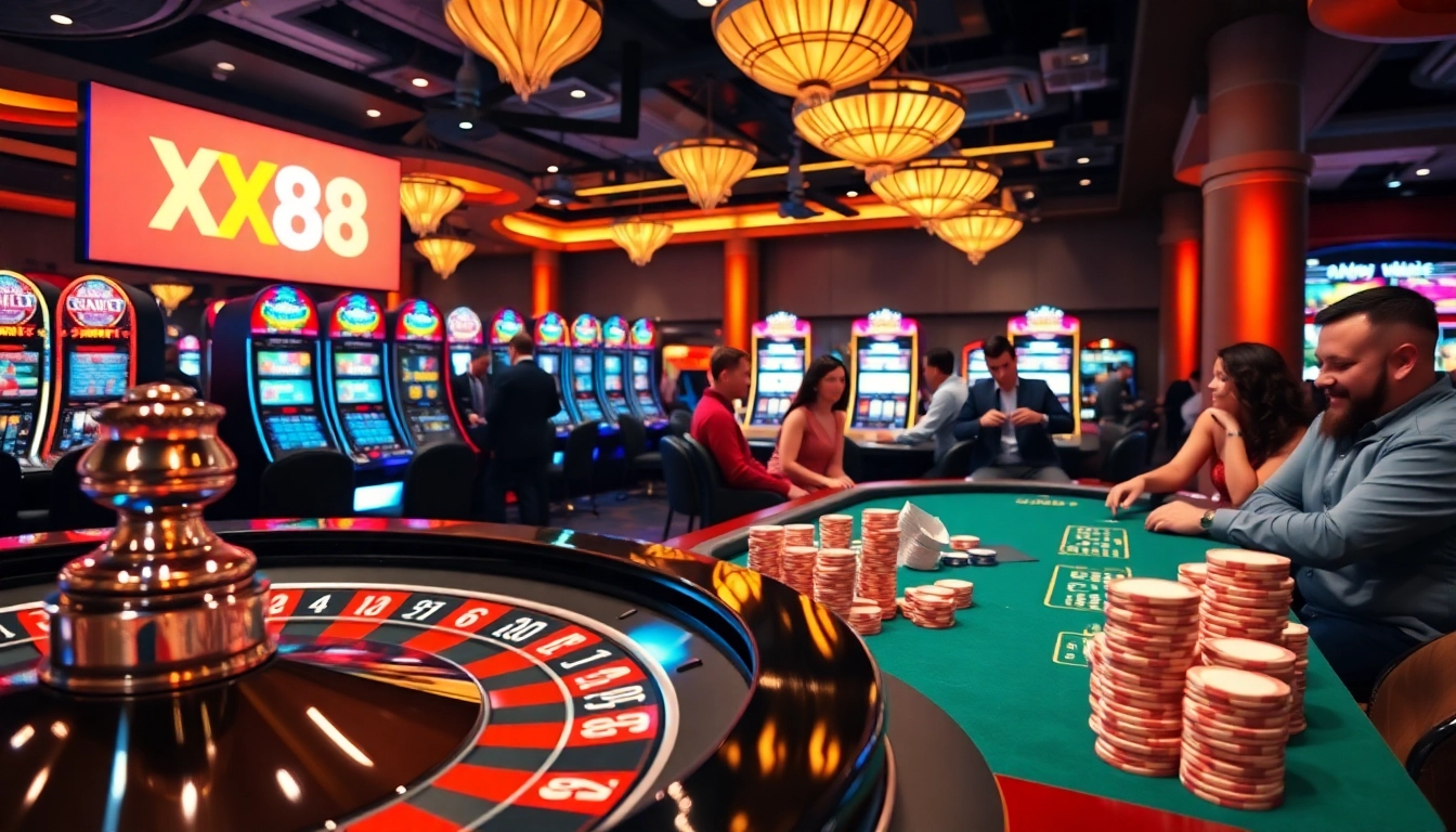 Experience thrilling games at XX88 with vibrant casino visuals featuring roulette, poker, and slot machines.