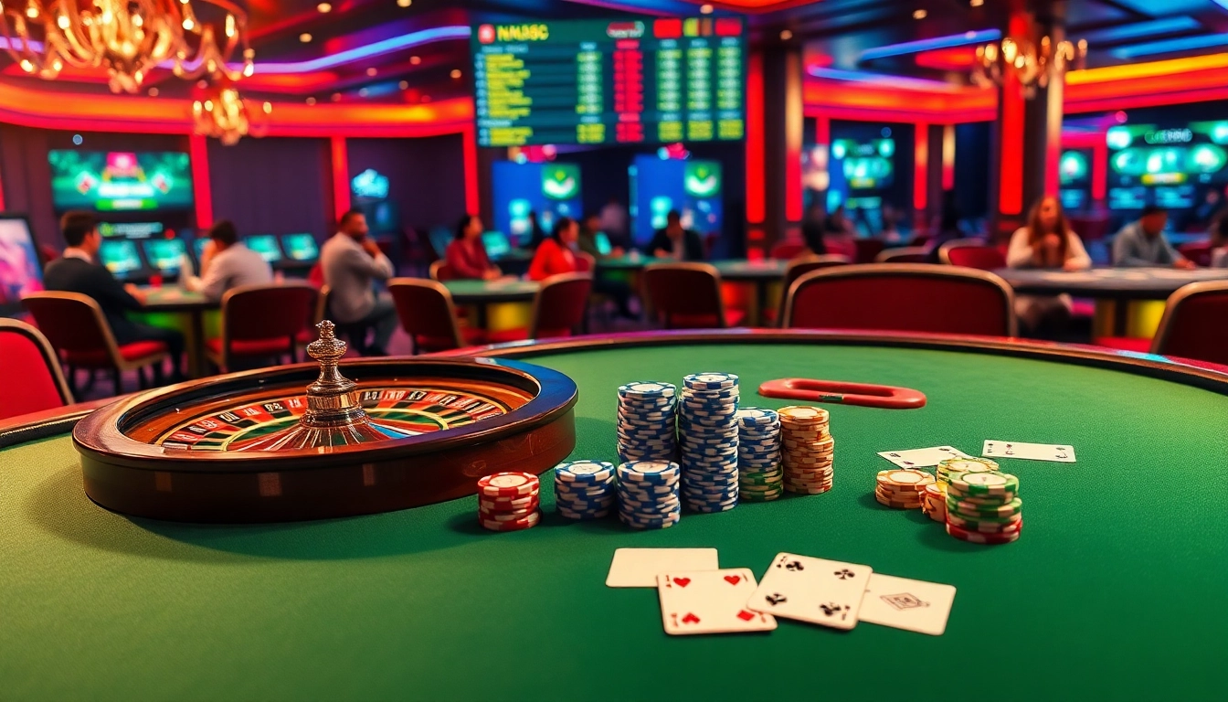 Action-packed scene at nhà cái bet88 featuring poker chips, a roulette wheel, and players enjoying exciting games.