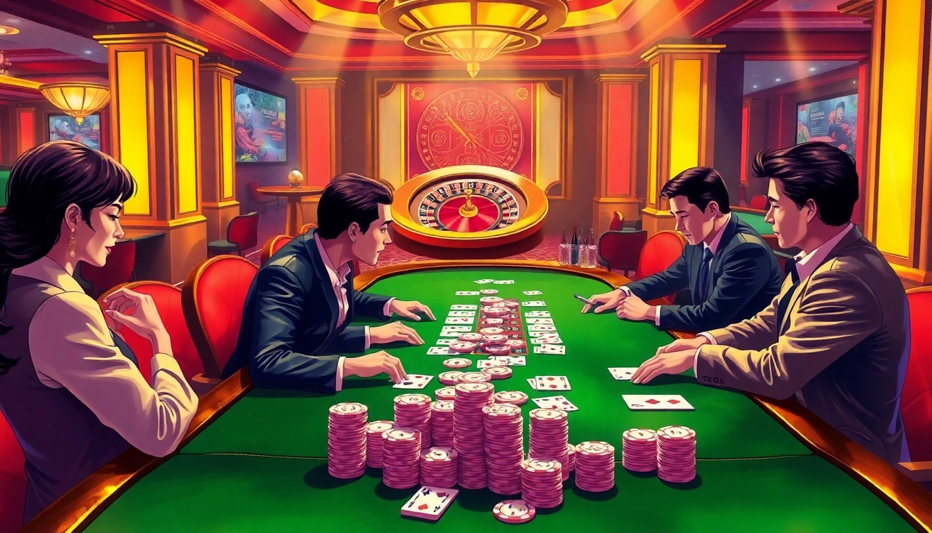 A vibrant casino scene featuring a poker game with chips and cards, highlighting the essence of 링크모음 in a luxurious setting.