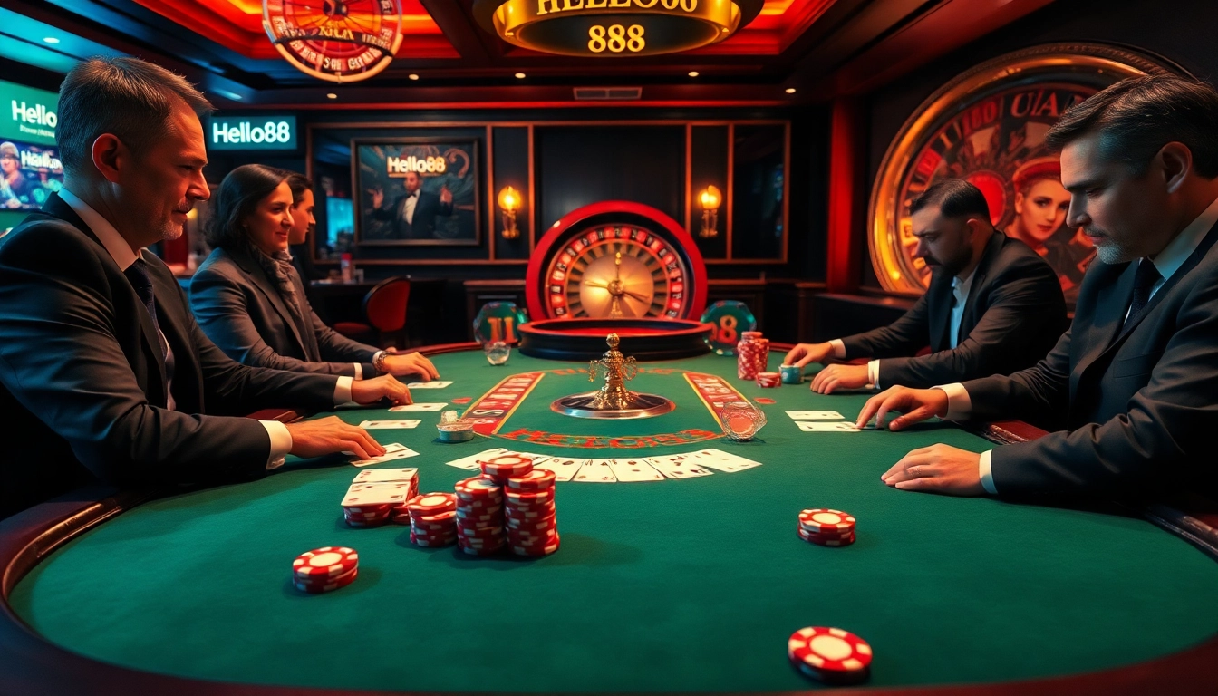 Gamblers enjoying a high-stakes poker game at Hello88's luxurious casino.