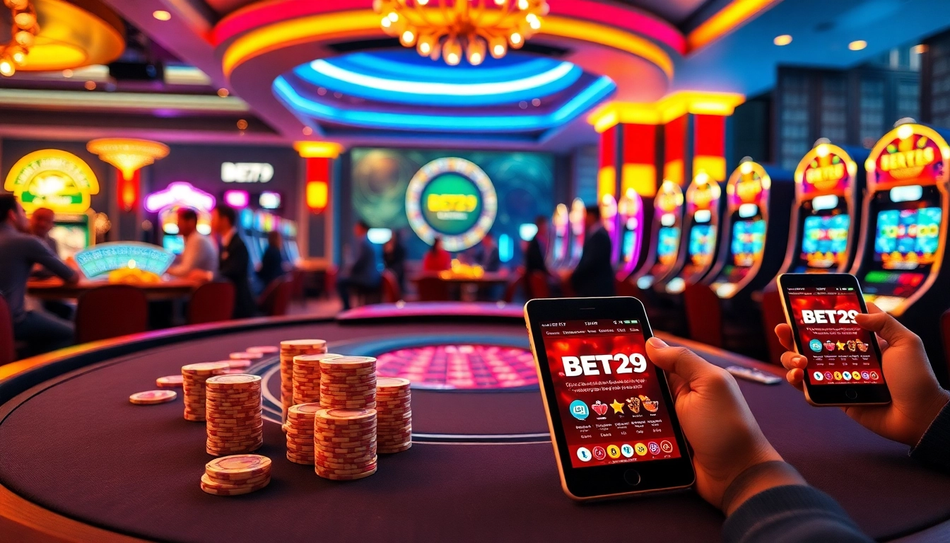 Experience excitement at a BET29 digital casino with poker chips and roulette wheel.