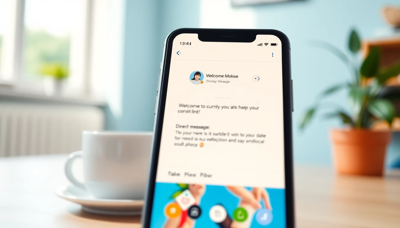 Send a welcoming follow in dm message from a mobile phone in a vibrant home office.