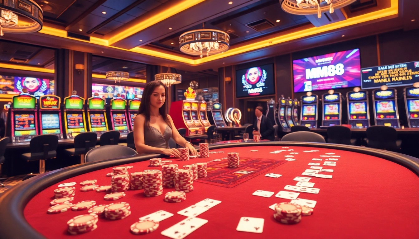 Experience high-stakes excitement at MM88 with luxurious poker tables and glowing slot machines.
