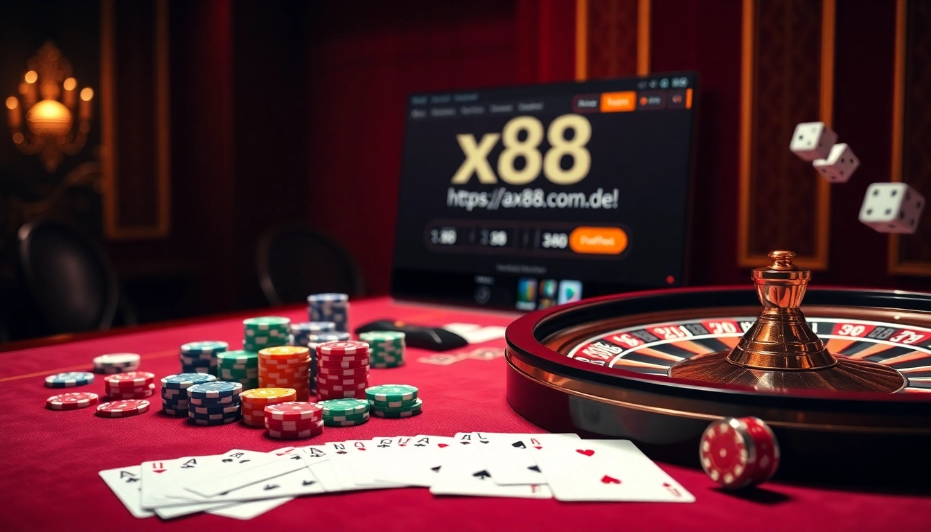 Experience luxury gambling at https://ax88.com.de/ with vibrant poker chips and a roulette wheel.