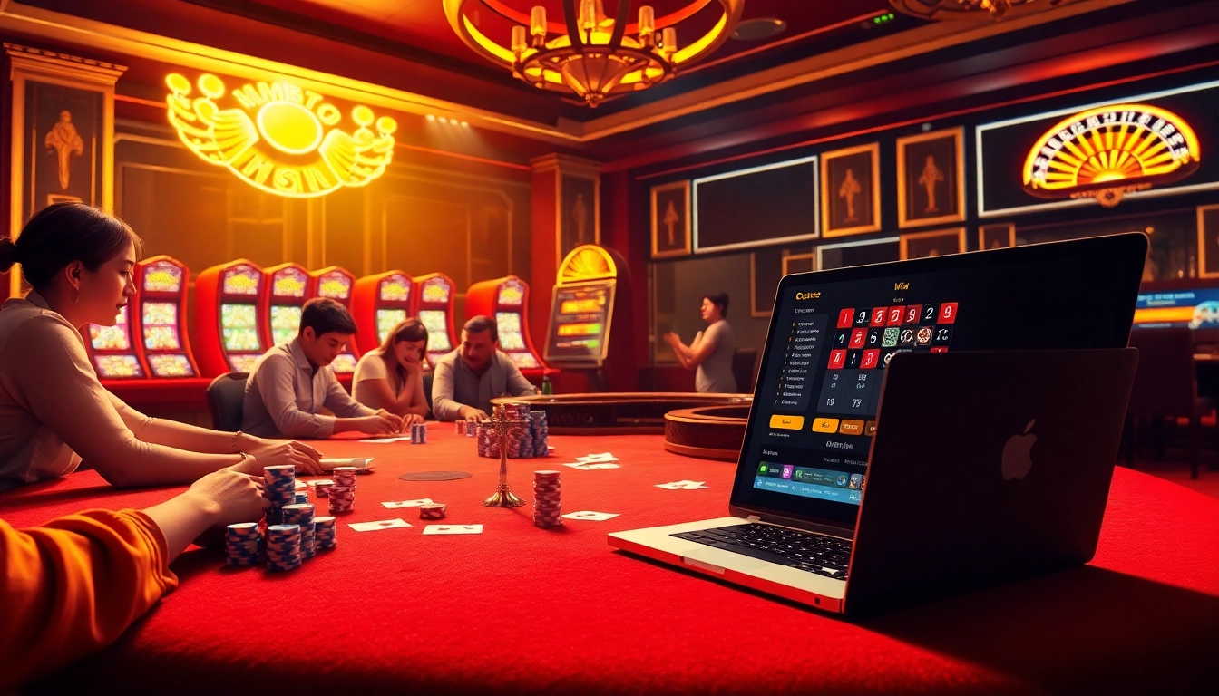 MM88 players enjoying a vibrant casino atmosphere with poker chips and slot machines.